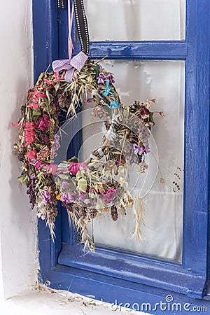 Window wreath Fiskardo Kefalonia. Stock Photo