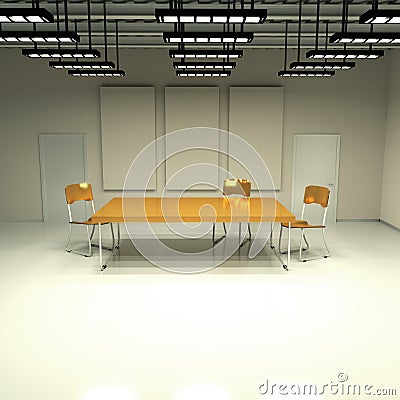 Windowless room with table and chairs Stock Photo