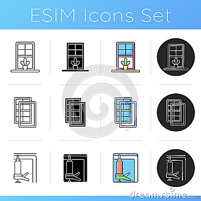 Windows, doors replacement service icons set Vector Illustration