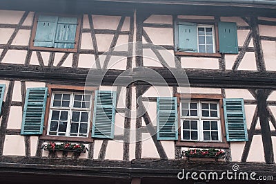 Windows in Kaysersberg the typical alsatian village in Stock Photo