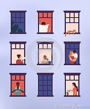Windows with neighbors doing daily things in their apartments - drinking tea, talking, watering potted plant, hugging or Vector Illustration