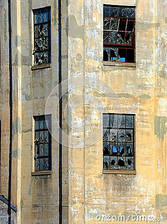 Vandalized Windows With Broken Glass Stock Photo