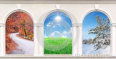 Windows of seasons Stock Photo