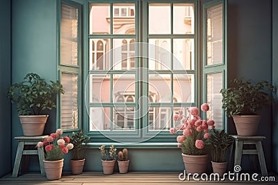 Windows with shutters and flowers in pots, pastel blue tones. AI generative Stock Photo