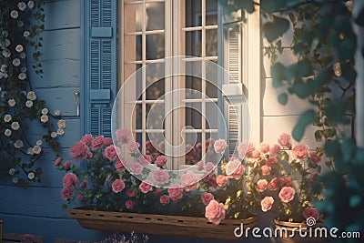 Windows with shutters and roses. AI generative Stock Photo