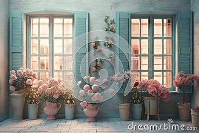 Windows with shutters and roses in pots. AI generative Stock Photo