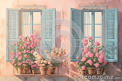 Windows with shutters and roses in pots, pastel colors. AI generative Stock Photo