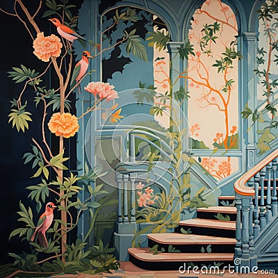Exotic Birds And Architectural Vignettes: A Vibrant Staircase Painting Cartoon Illustration