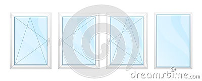 Windows with white frames and blue glass set isolated Cartoon Illustration