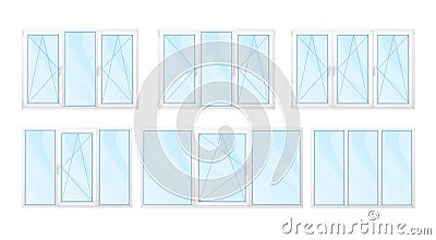 Windows with white frames and blue glass set isolated Cartoon Illustration