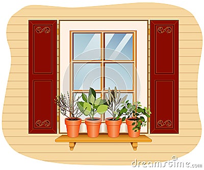 Windowsill Herb Garden Vector Illustration