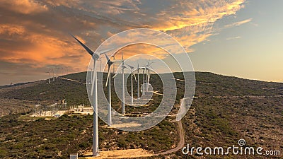 Windpower and agriculture. Wind turbines for electricity generation. Windmill renewable energy farm. Eco-energy of Stock Photo