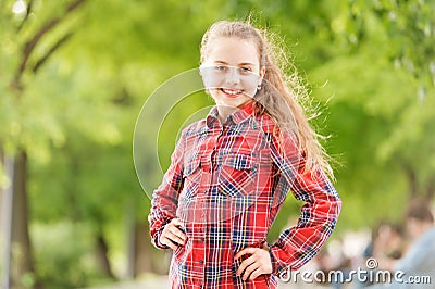 Windproof hairstyles. Girl little cute child enjoy walk on windy day nature background. Hairstyles to wear on windy days Stock Photo