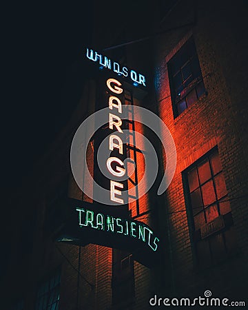 Windsor Garage neon sign at night, Manhattan, New York Editorial Stock Photo