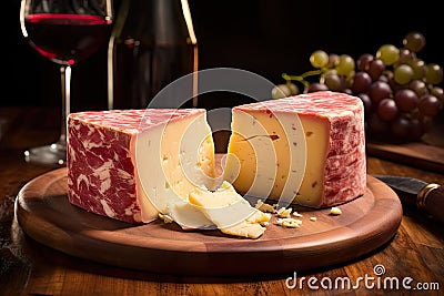 Windsor Red Cheese, Wine Derby Marble Cheese, Marbled Cheddar Aged in Wine on Wood Table Stock Photo