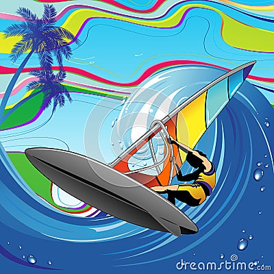 Windsurfer on Big Ocean Wave Vector Illustration