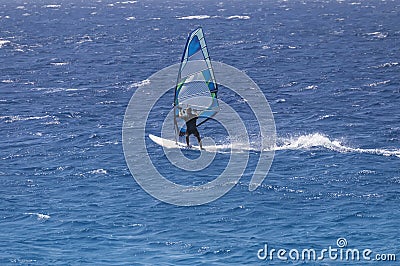 The windsurfer on the board under the sail moves along the surface of the sea with the speed of the wind, against the Editorial Stock Photo