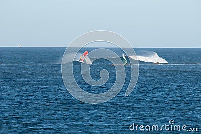 Windsurfer sailing in the coast of Fuerteventura. Editorial Stock Photo