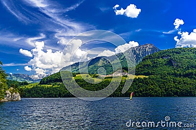 Windsurfers in the lake, Alpnachstadt, Alpnach, Obwalden, Switzerland Editorial Stock Photo