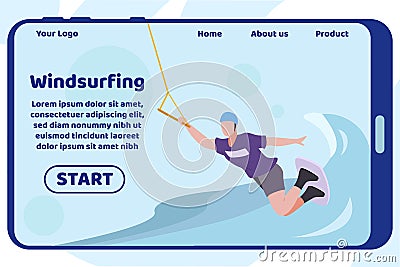 Windsurfing Design Landing Page on Mobile Screen Vector Illustration