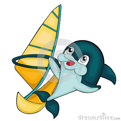 Windsurfing with dolphin. Cartoon style. Clip art for children. Vector Illustration