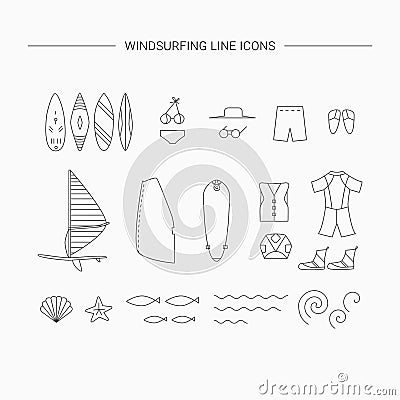 Windsurfing line icons. Vector Illustration