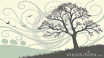 Windswept tree silhouette, dynamic nature outline vector design Generative AI Vector Illustration