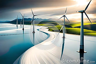 Windturbines Farm. Eco Wind Energy Illustration. Thunder With Cloudy Sky Over The Wind Turbines. Generative AI Stock Photo