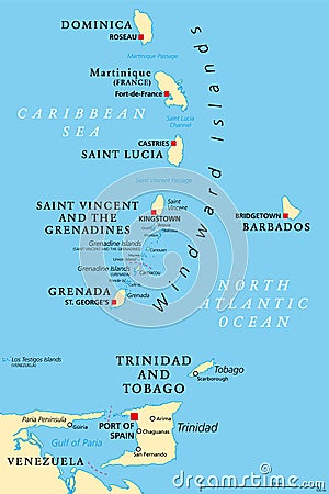 Windward Islands, political map, islands of Lesser Antilles in the Caribbean Vector Illustration