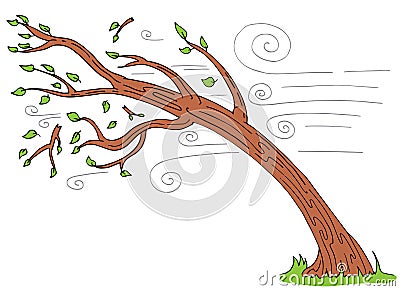 Windy Day Tree Bending Broken Branches Vector Illustration