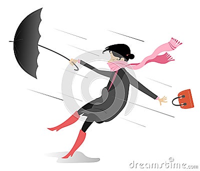 Windy day and young woman with umbrella illustration Vector Illustration