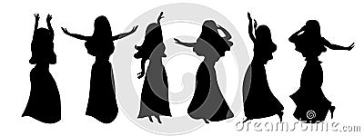 A windy outfit of six illustrations of silhouettes of beautiful girls dancing belly dance. Graceful restful beauties in different Vector Illustration