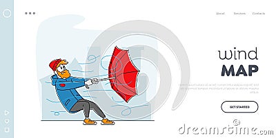 Windy Weather, Strong Blowing Wind Landing Page Template. Man in Warm Clothes Holding Broken Umbrella Vector Illustration