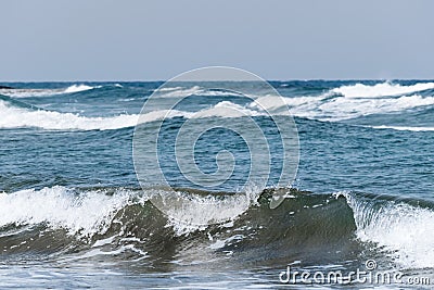 Windy weather. Waves on the sea. Sea coast. Skyline. Sunny day. Mediterranean Sea at winter season Stock Photo