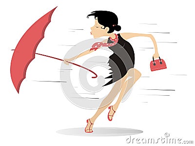 Windy weather, young woman and umbrella illustration Vector Illustration