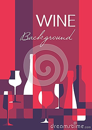 Wine abstract background in A4 vertical format. Wine bottles and glasses - vector illustration. Vector Illustration