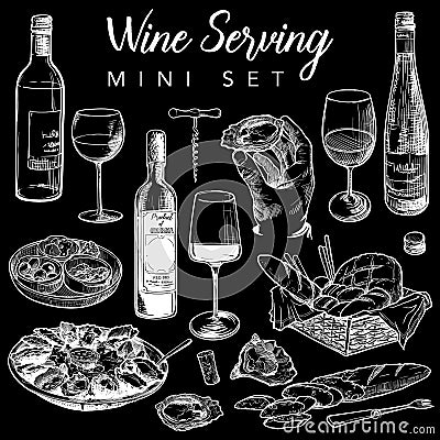 Wine bar or gastro pub useful elements set. Hand drawn sketch style objects isolated on black background Vector Illustration