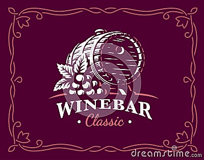 Wine barrel logo - vector illustration, emblem on maroon color background Vector Illustration