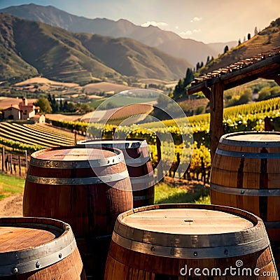 Wine barrels and casks against touristic vineyard wine farm Stock Photo