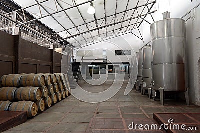 Wine barrels and fermentation tanks at the winery Viu Manent. Stock Photo