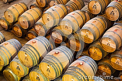 Wine barrels full of wine in storage on a wine farm. Editorial Stock Photo