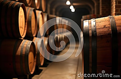 Wine barrels lined up in dark cellar. Aged oak barrels of different sizes stacked neatly, creating rustic storage environment. Stock Photo