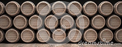 Wine barrels stack on wooden floor, black background. 3d illustration Cartoon Illustration