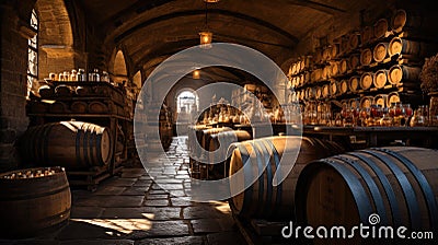 Wine barrels in wine vaults, Wine or whiskey barrels, French wooden barrels Stock Photo