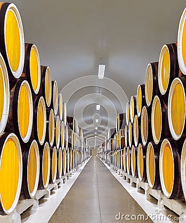 Wine barrels in a warehouse of the winery Stock Photo