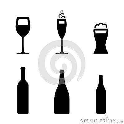 Wine, beer, champagne glass icon set. Bottle of different drinks black symbol pictogram. Vector Illustration