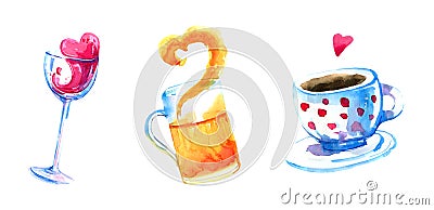 Wine, beer and coffee hand drawn watercolor set for posters and cards Stock Photo