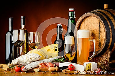 Wine, beer and food Stock Photo
