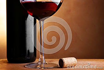 Wine bottle, cork and glass Stock Photo