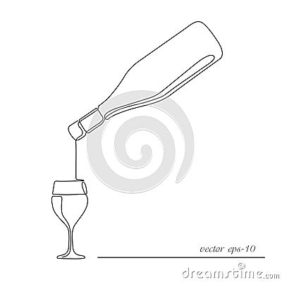 Wine bottle with glass.Alcoholic beverage.Food and beverage concept.Continuous line drawing.Vector illustration Vector Illustration